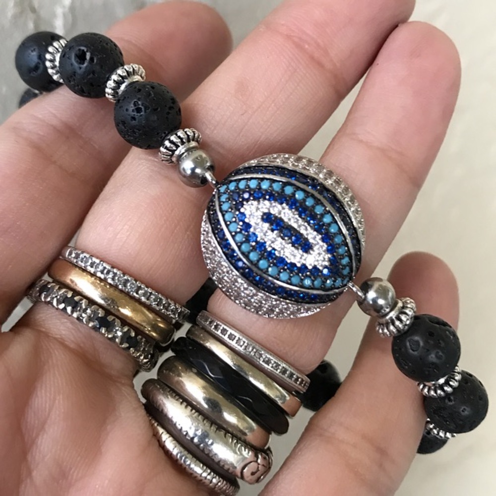 Evil eye bracelet . White gold plated cz charm & black Lava rock beads boho - Picture 4 of 11